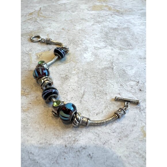 Glass Bead Pandora-Style Bracelet Silver with Green Stone Beads Blue Glass - Picture 1 of 4